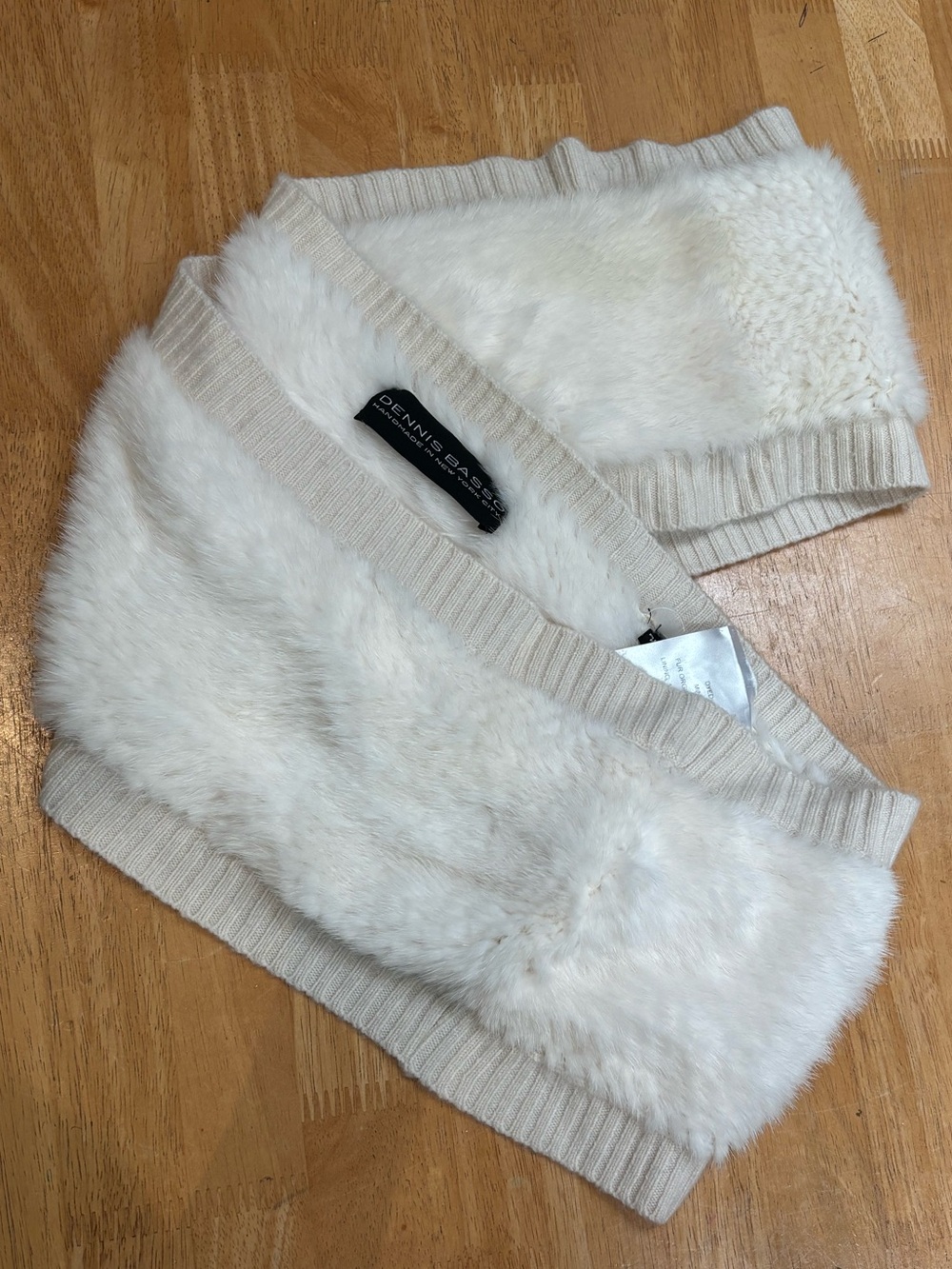 Dennis Basso white ivory winter mink genuine fur and cashmere infinity scarf